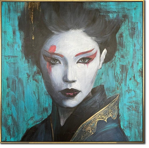 Geisha-inspireret abstrakt portræt - Fed asiatisk kunst med turkise og røde accenter - Moderne vægkunst til moderne boligindretning