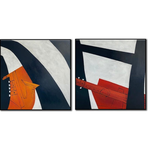 Abstract Set of 2 Acrylic Minimalist Paintings On Canvas Geometric Figures Musical Instruments Red Guitar and Orange Trumpet Art Wall Decor