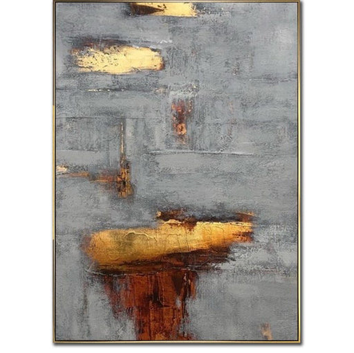 Abstrakt gråt maleri på lærred. Vægkunst med bladguld. Minimalistisk kunstværk. Tilpasset maleri i størrelse 40x30 til æstetisk værelsesindretning.