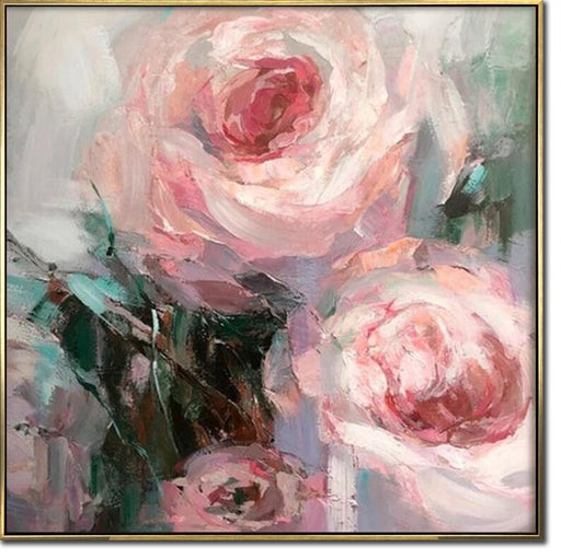 Romantisk abstrakt blomstermaleri - Blød lyserød rose lærredskunst til shabby chic boligindretning - Stor blomstervægkunst til soveværelse eller stue