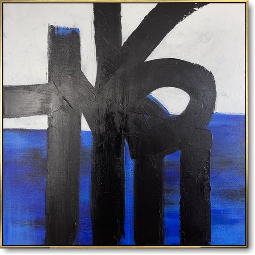 Original Square Acrylic Painting Abstract Black Shapes On White and Blue Modern Decor for Home OIL PLATFORM