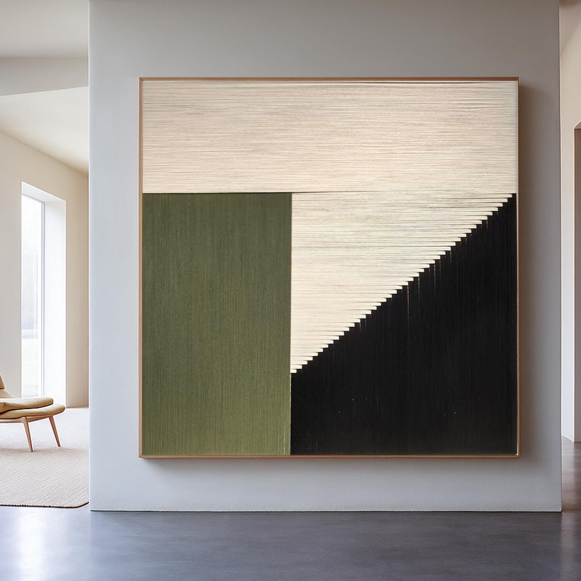 Modern Geometric Minimalist Wall Art, Hand Painted Green Black Abstract Canvas, Large Textured Neutral Artwork for Contemporary Home Decor