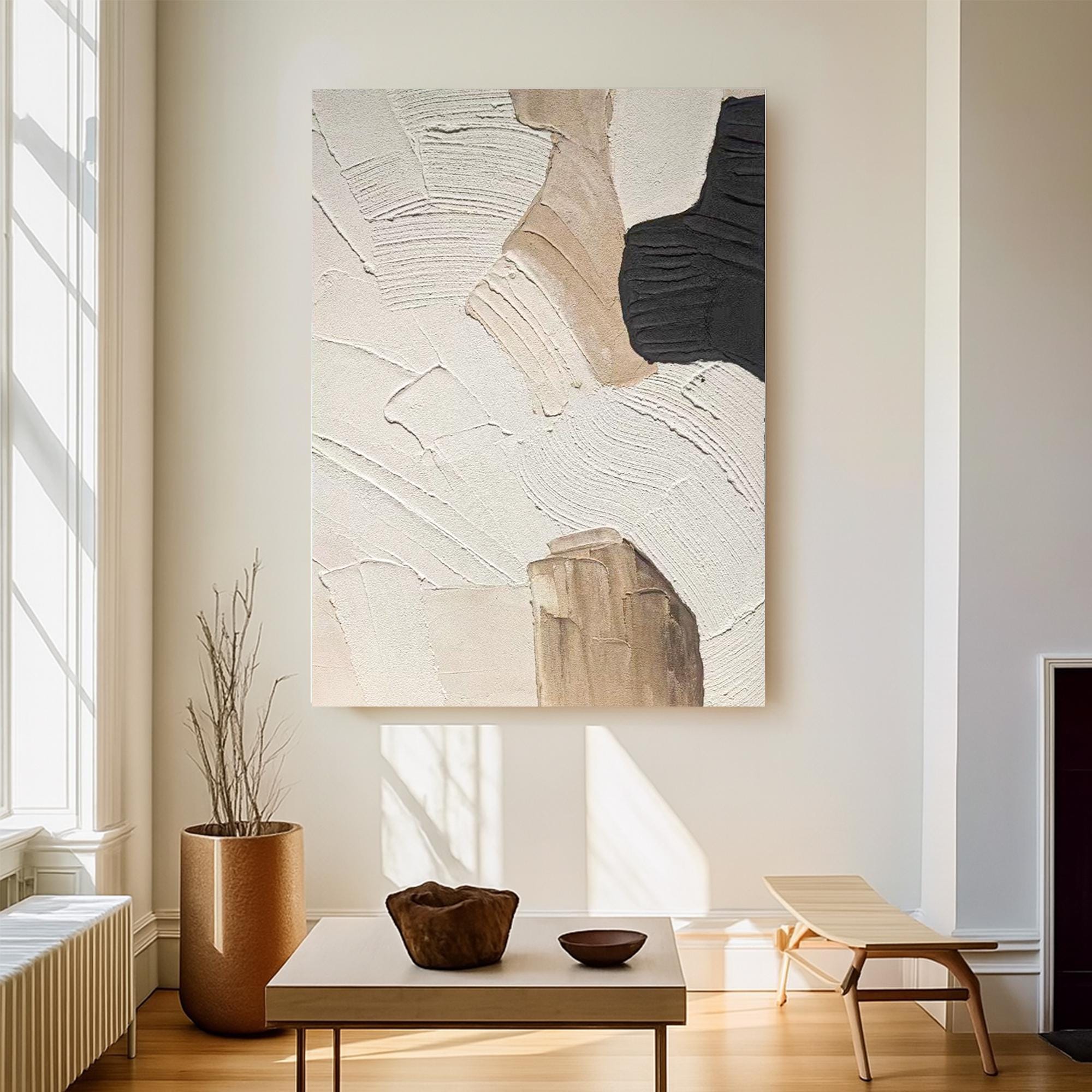 Beige and Black Abstract Painting on Canvas  Hand Painted Modern Neutral Wall Art  Minimal Earth Tone Artwork for Cozy Living Spaces