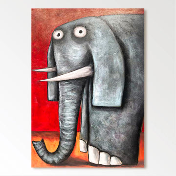 a large gray elephant with large white tusks, standing against a red background.