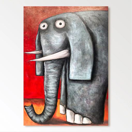 a large gray elephant with large white tusks, standing against a red background.