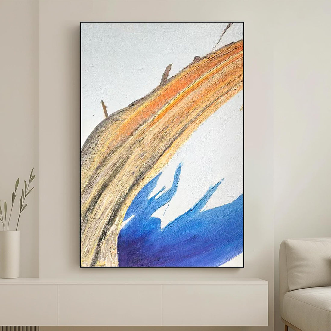 The image is an abstract painting with bold brushstrokes in shades of orange and blue, creating a dynamic and energetic composition.