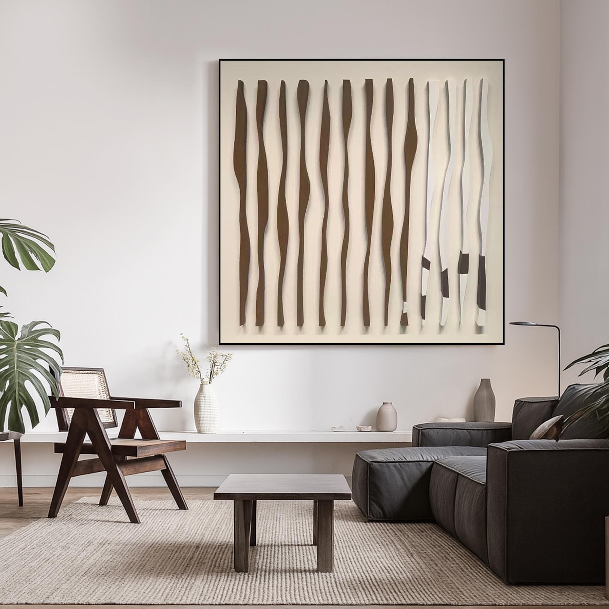 Neutral Abstract Wavy Line Oil Painting on Canvas, Modern Hand Painted 3D Wall Art, Beige Brown Minimalist Texture Artwork for Living Room