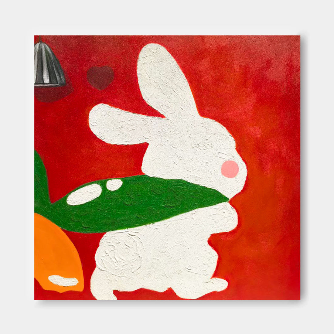 The image is a vibrant painting featuring a white rabbit in a green leafy shape against a red background.