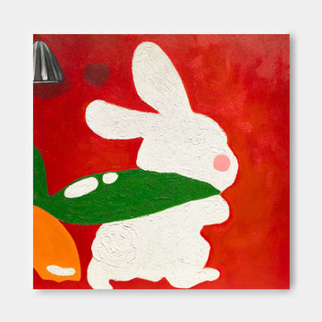The image is a vibrant painting featuring a white rabbit in a green leafy shape against a red background.