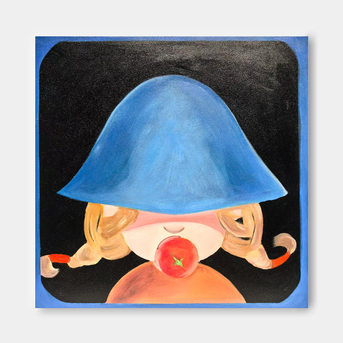 The image is a painting of a young girl wearing a blue hat, with a red apple in her mouth.