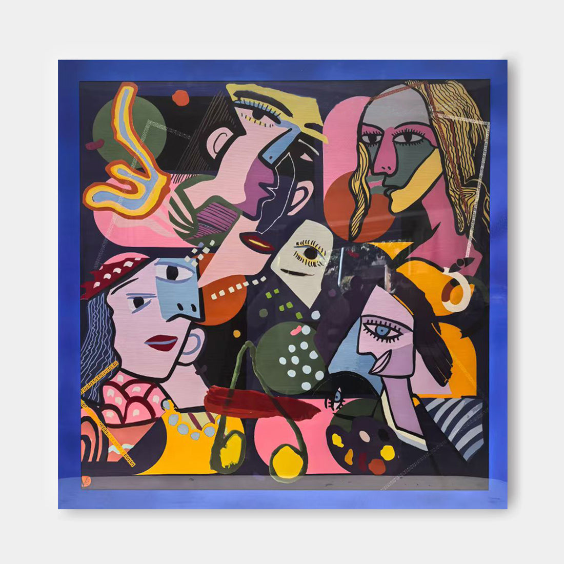 The image is a vibrant and colorful abstract artwork featuring a variety of stylized human faces and shapes in a mix of bold colors and patterns.