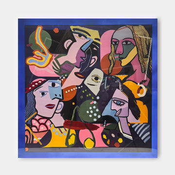 The image is a vibrant and colorful abstract artwork featuring a variety of stylized human faces and shapes in a mix of bold colors and patterns.
