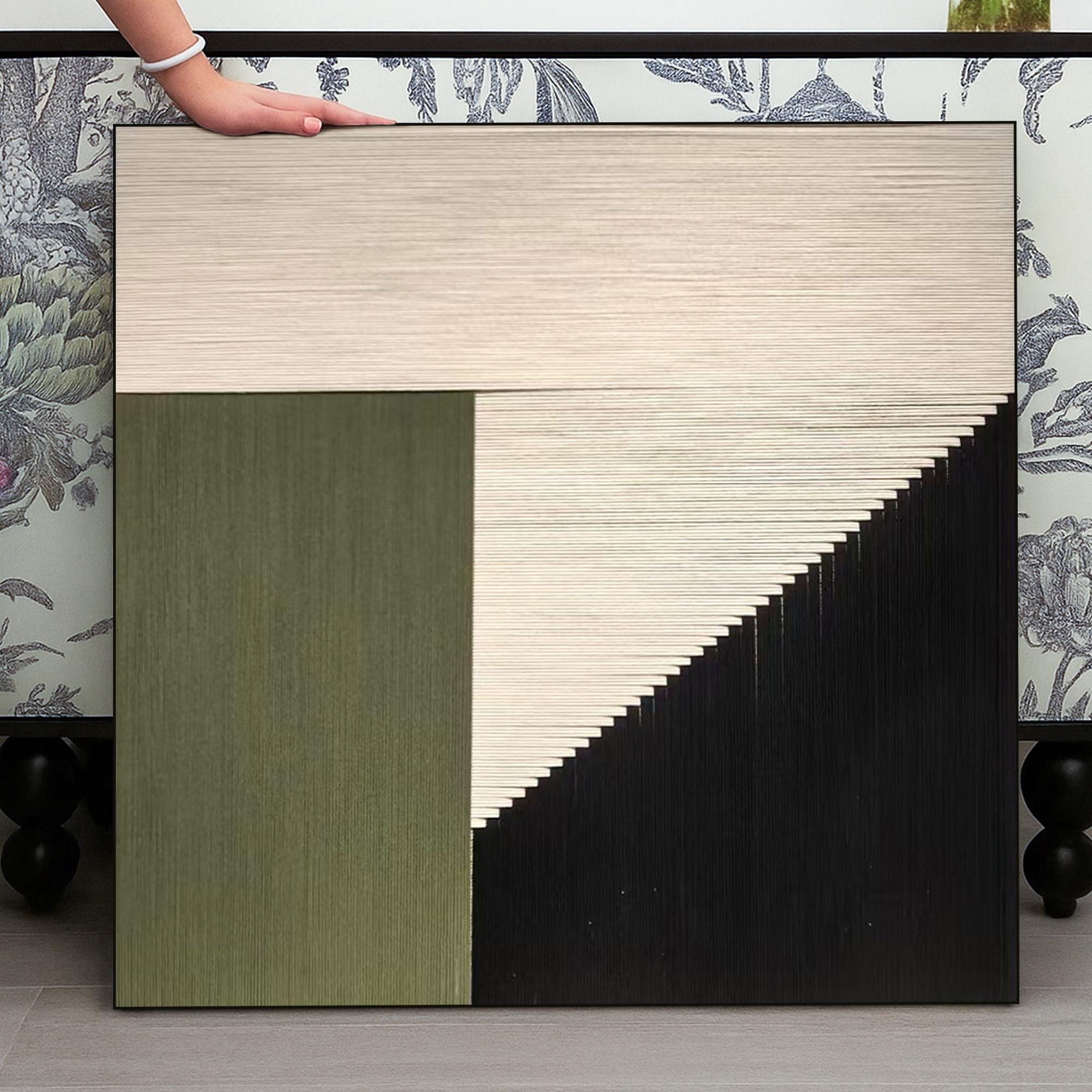 Modern Geometric Minimalist Wall Art, Hand Painted Green Black Abstract Canvas, Large Textured Neutral Artwork for Contemporary Home Decor