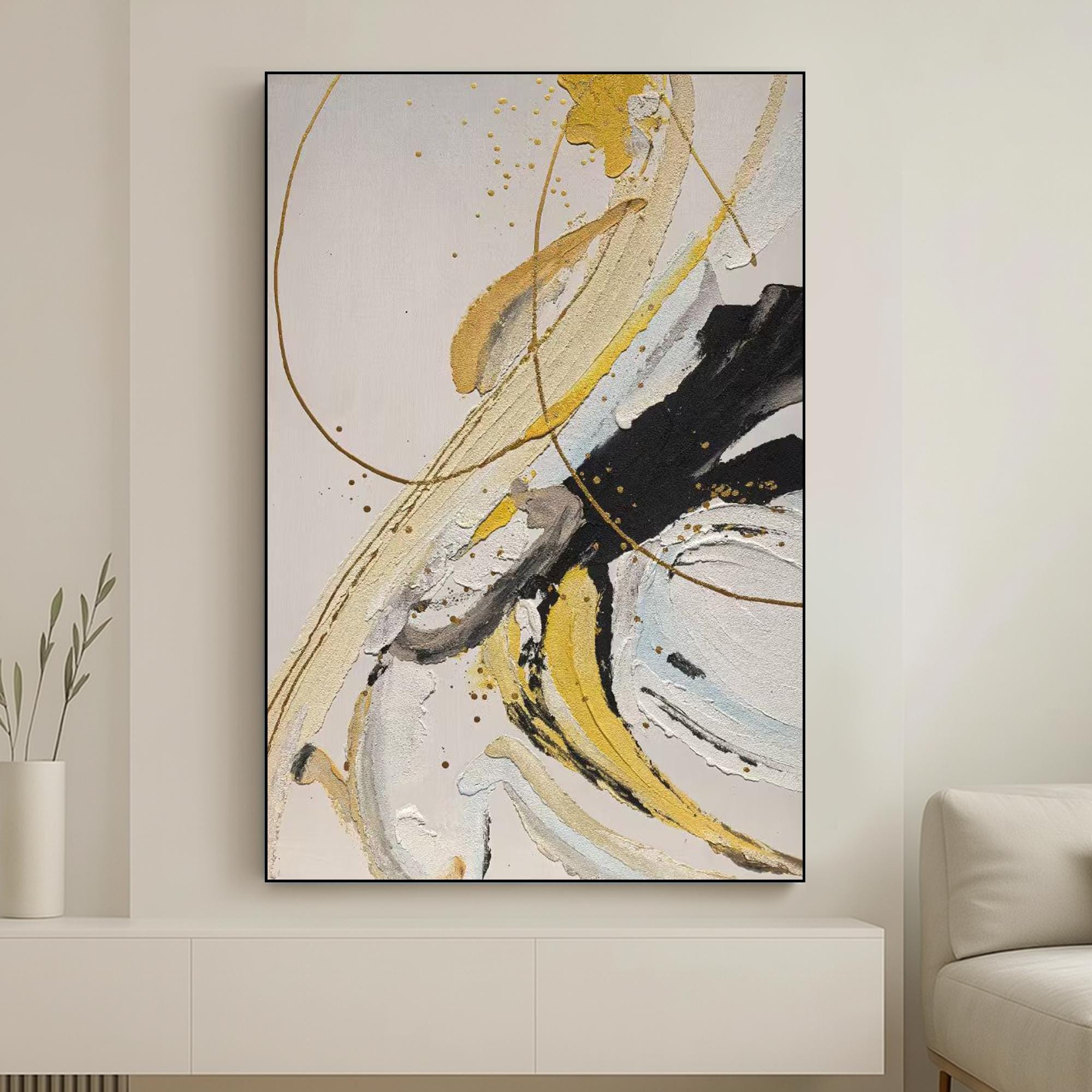 Modern Gold and Black Abstract Oil Painting on Canvas | Hand-Painted Textured Wall Art for Living Room | Neutral Swirl Contemporary Decor
