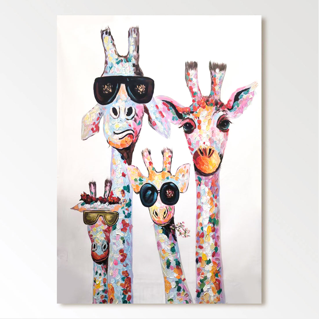 A group of four giraffes with colorful, abstract patterns on their bodies, wearing sunglasses and standing together.