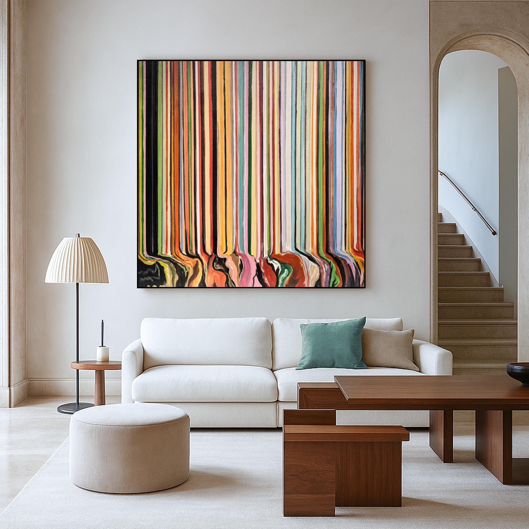 Colorful Drip Line Abstract Painting on Canvas, Vertical Rainbow Stripes Modern Wall Art, Bold Hand Painted Original Contemporary Artwork
