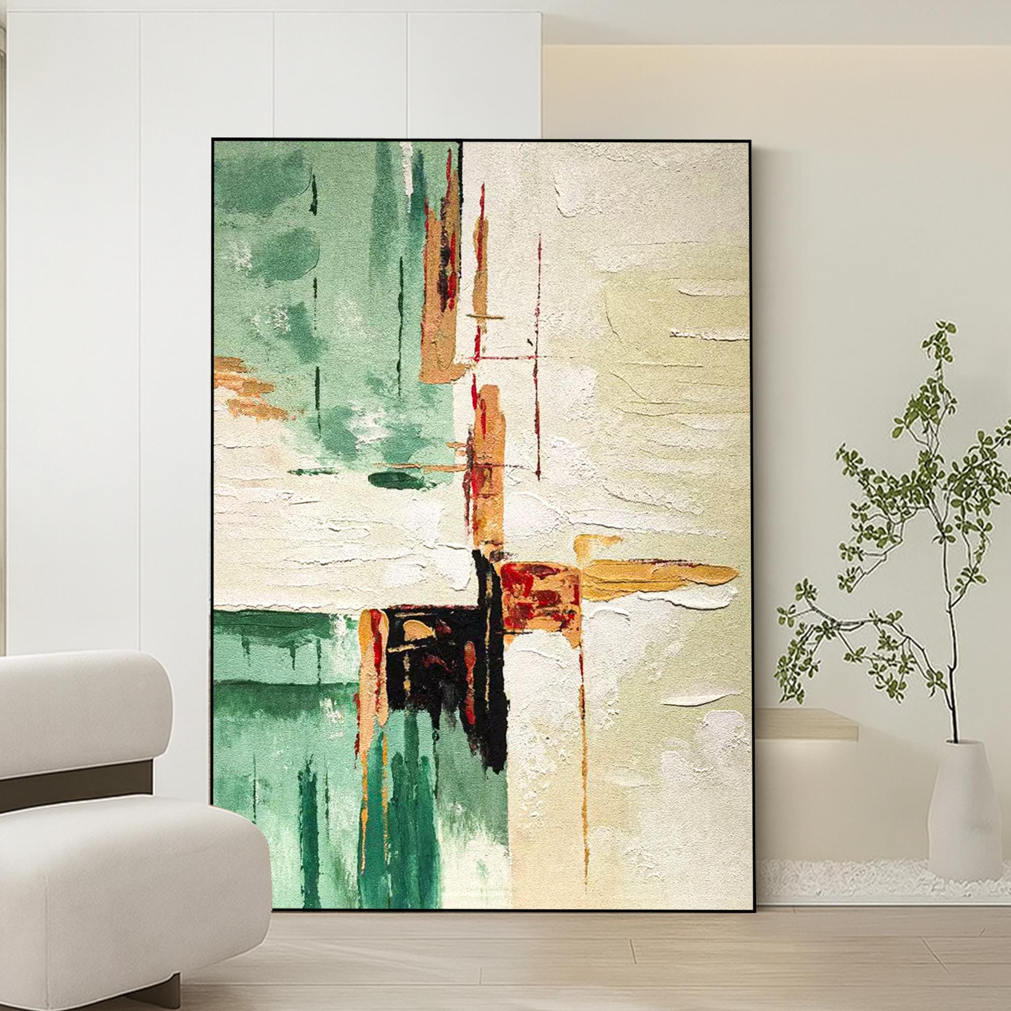 Original Abstract Textured Oil Painting on Canvas, Modern Green Beige Wall Art, Large Vertical Handmade Artwork for Living Room Décor