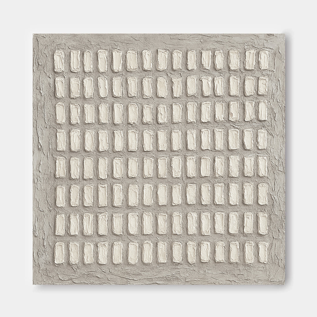 The image is a square-shaped artwork with a grid-like pattern of white rectangular shapes.