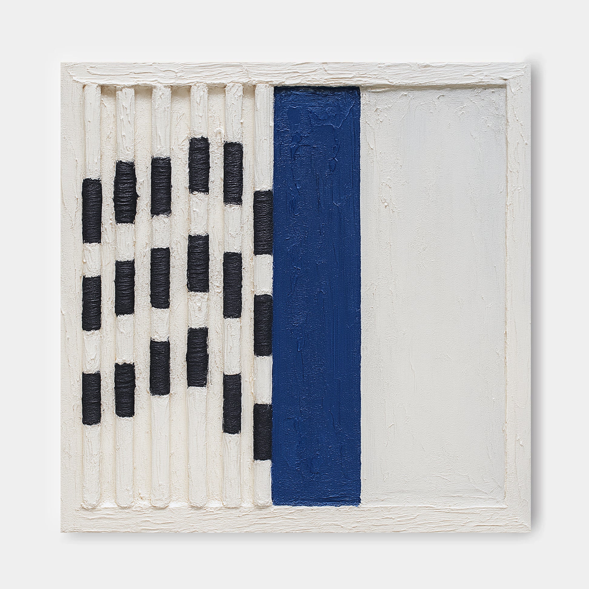 The image is a square-shaped artwork with a white frame, featuring a bold blue vertical line in the center. The artwork is composed of a grid of black and white stripes, creating a striking contrast between the colors.
