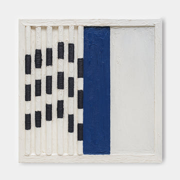 The image is a square-shaped artwork with a white frame, featuring a bold blue vertical line in the center. The artwork is composed of a grid of black and white stripes, creating a striking contrast between the colors.