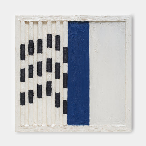 The image is a square-shaped artwork with a white frame, featuring a bold blue vertical line in the center. The artwork is composed of a grid of black and white stripes, creating a striking contrast between the colors.