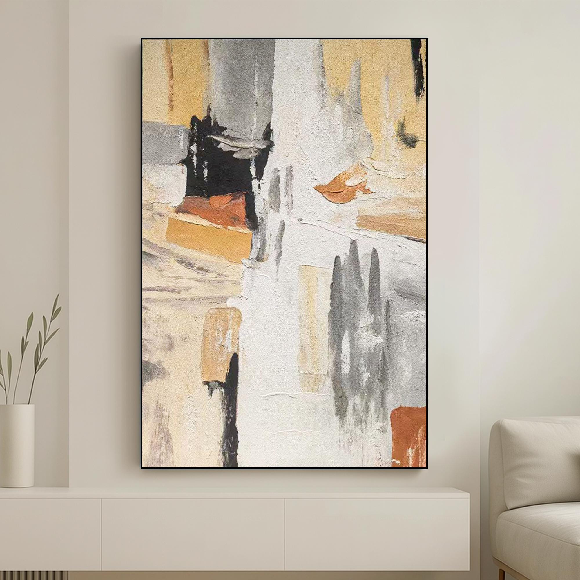 Neutral Abstract Painting on Canvas - Handmade Textured Modern Wall Art with Beige Grey Black Accents for Minimalist Living Room Decor