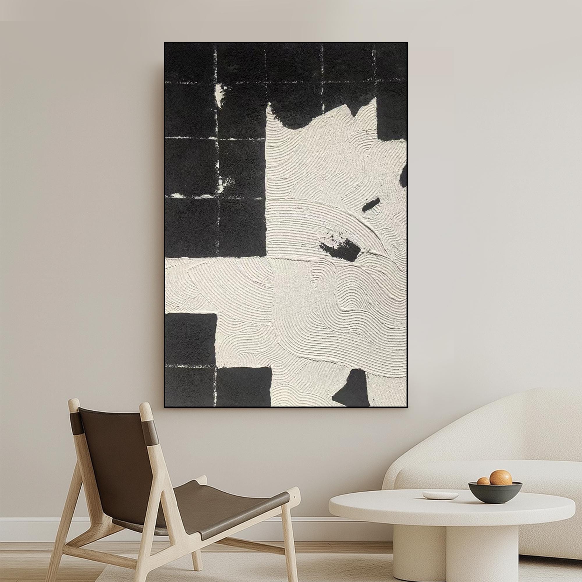 Black And White Textured Abstract Painting | Handmade Minimalist Oil Art With Geometric Texture | Modern Zen Canvas Wall Decor Vertical