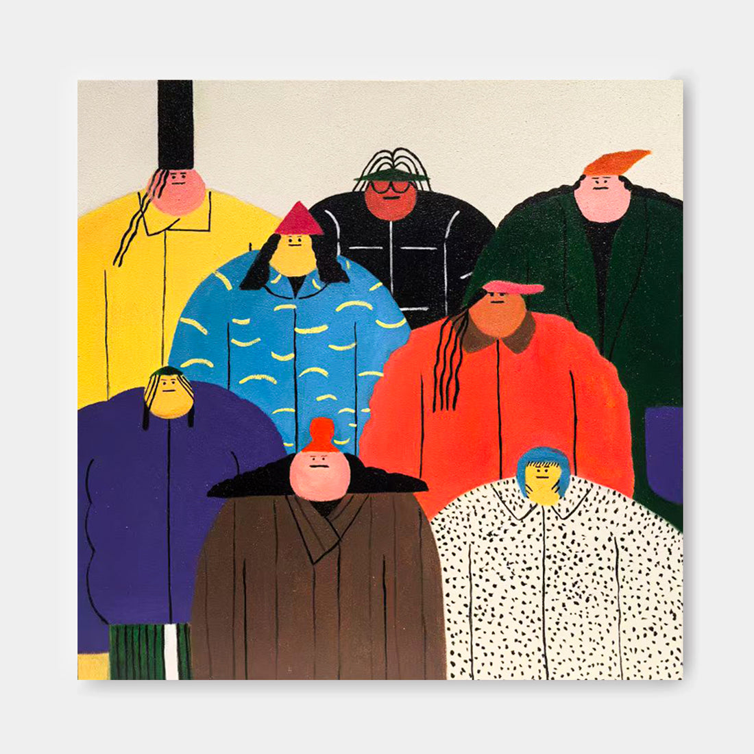 The image is a vibrant and colorful illustration featuring a diverse group of stylized human figures in various outfits and poses.