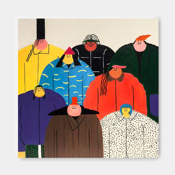 The image is a vibrant and colorful illustration featuring a diverse group of stylized human figures in various outfits and poses.