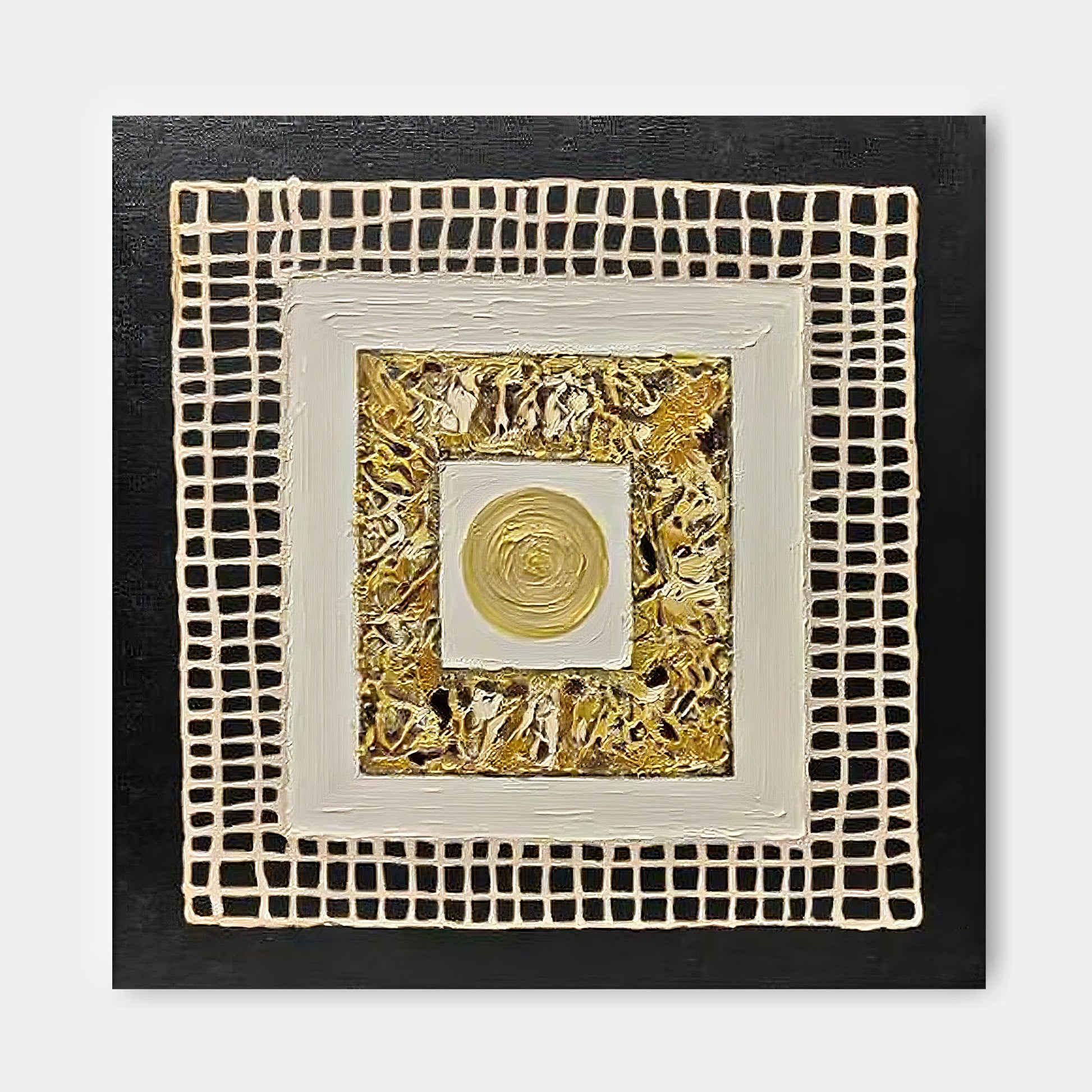 The image is a square-shaped artwork with a gold frame and a white border. The artwork is set against a black background, creating a striking contrast. The artwork features a gold circle in the center, surrounded by a gold frame and a gold border.