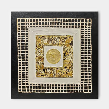 The image is a square-shaped artwork with a gold frame and a white border. The artwork is set against a black background, creating a striking contrast. The artwork features a gold circle in the center, surrounded by a gold frame and a gold border.