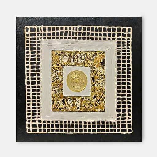 The image is a square-shaped artwork with a gold frame and a white border. The artwork is set against a black background, creating a striking contrast. The artwork features a gold circle in the center, surrounded by a gold frame and a gold border.