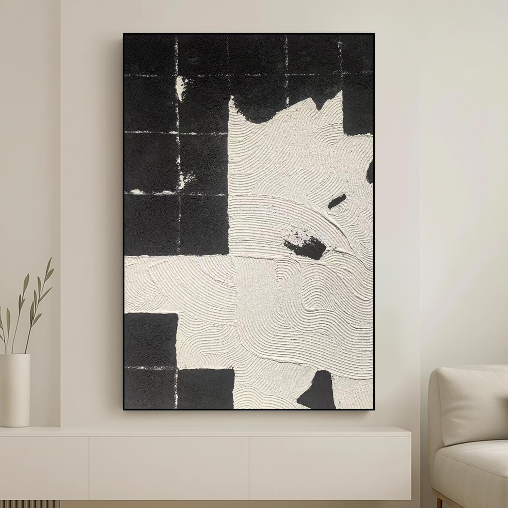 Black And White Textured Abstract Painting | Handmade Minimalist Oil Art With Geometric Texture | Modern Zen Canvas Wall Decor Vertical