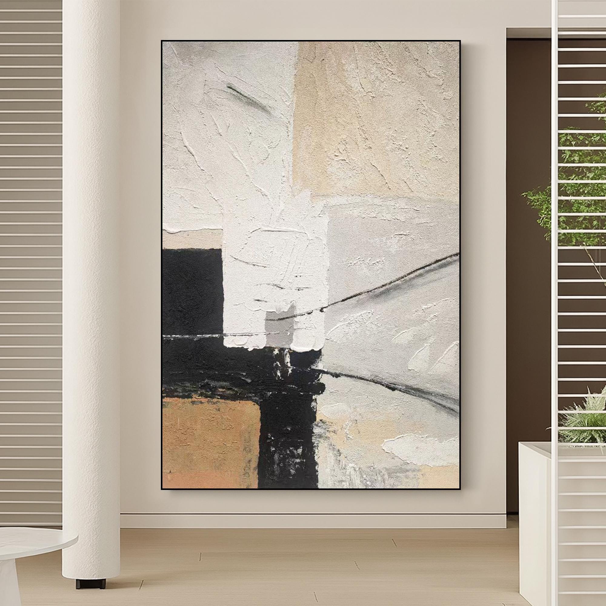 Large Neutral Abstract Oil Painting on Canvas | Modern Textured Black White Beige Wall Art | Minimalist Vertical Handmade Artwork