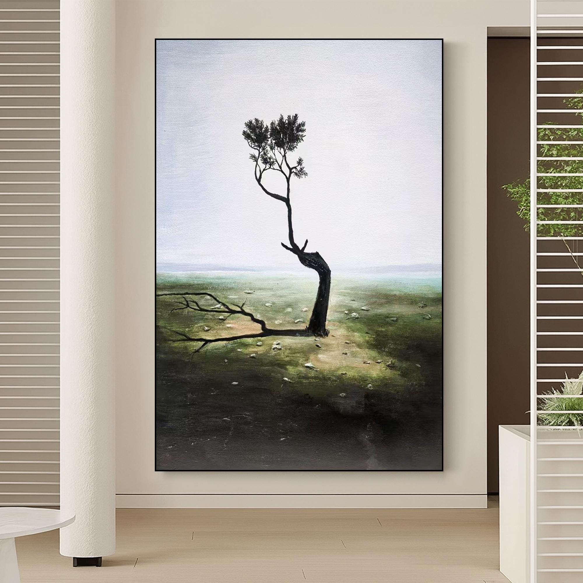 Original Minimalist Tree Oil Painting on Canvas, Hand-Painted Surreal Nature Landscape Art, Moody Solitary Wall Décor for Calm Interiors