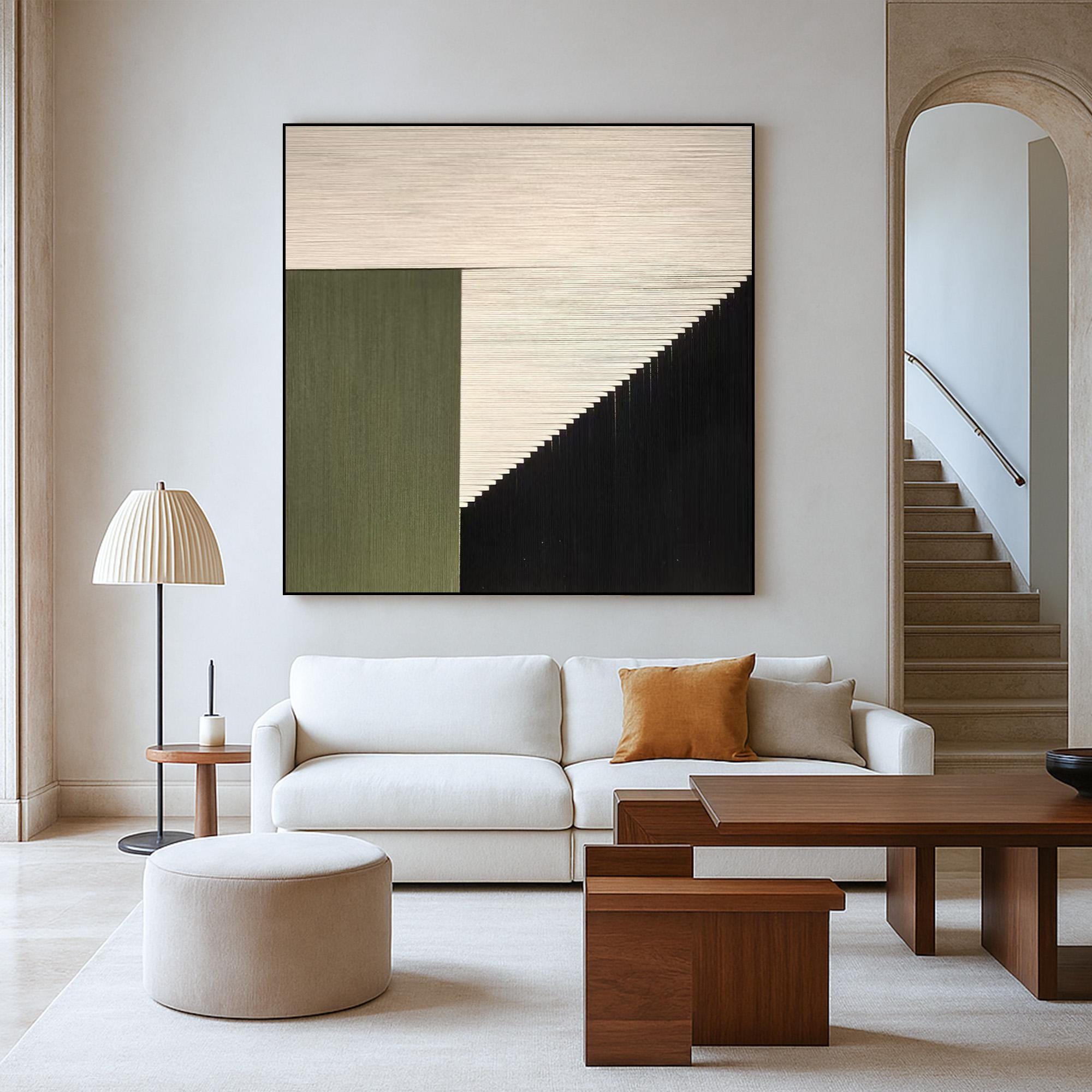 Modern Geometric Minimalist Wall Art, Hand Painted Green Black Abstract Canvas, Large Textured Neutral Artwork for Contemporary Home Decor