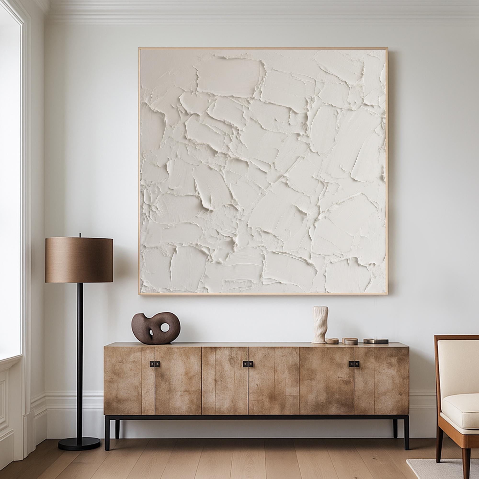 Original White Textured Abstract Oil Painting | Thick Palette Knife Canvas Art | Minimal Neutral Wall Decor for Modern Organic Interiors