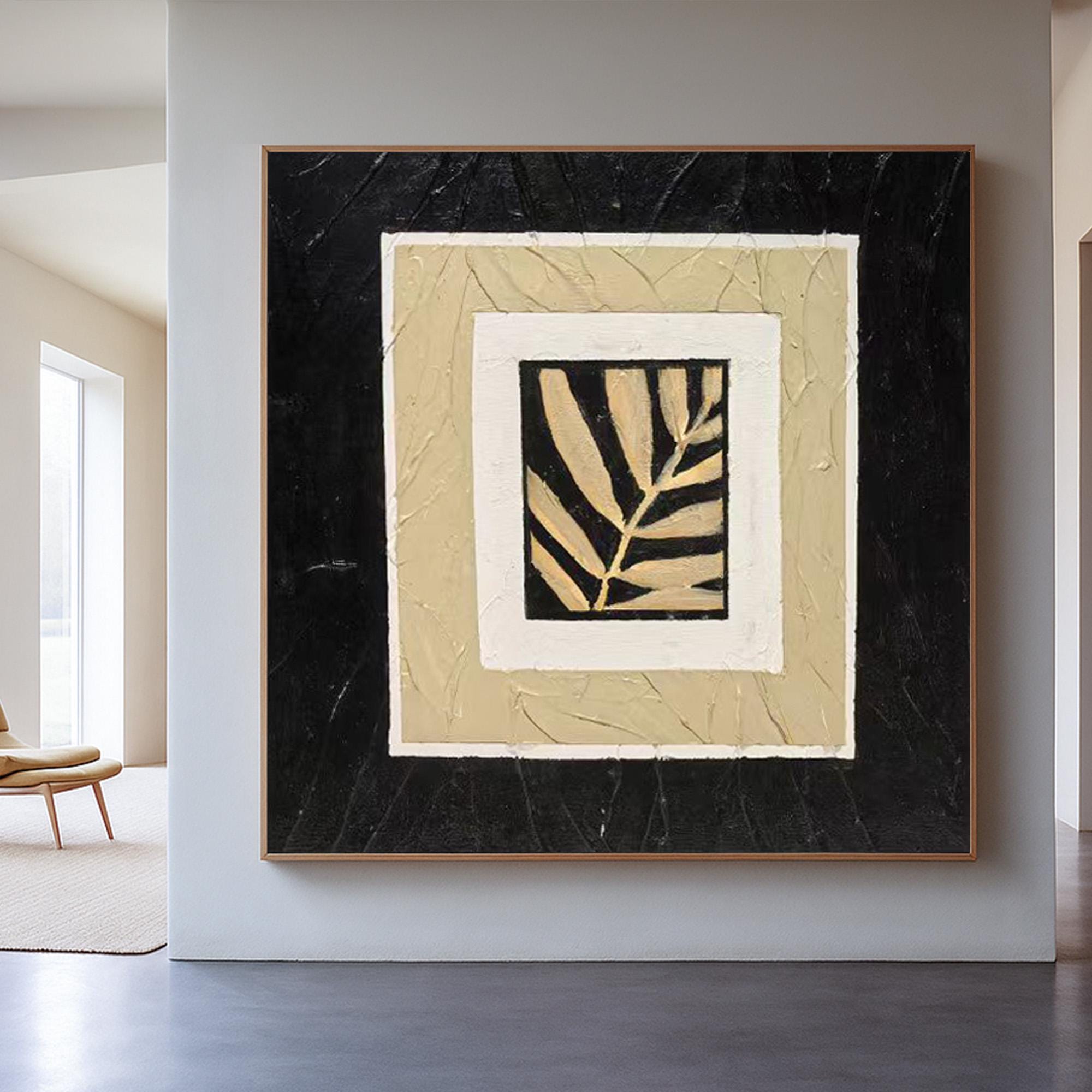 Textured Neutral Leaf Art on Canvas, Minimalist Black Beige Botanical Painting, Modern Framed Nature Wall Decor, Original Handmade Artwork
