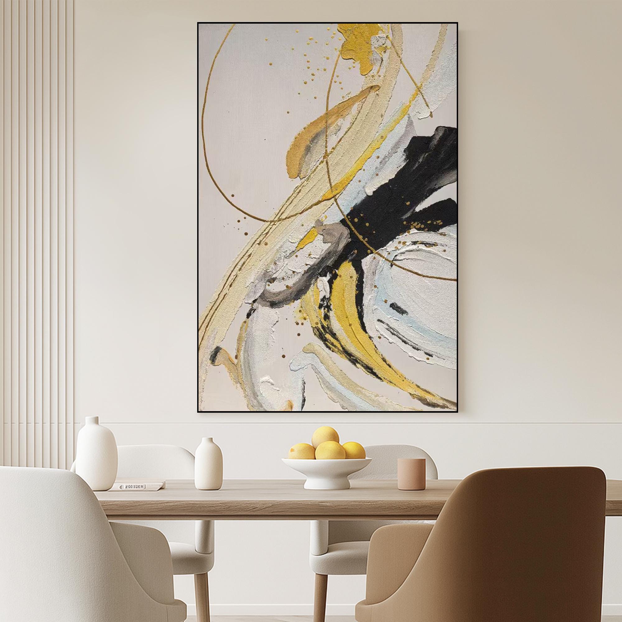 Modern Gold and Black Abstract Oil Painting on Canvas | Hand-Painted Textured Wall Art for Living Room | Neutral Swirl Contemporary Decor