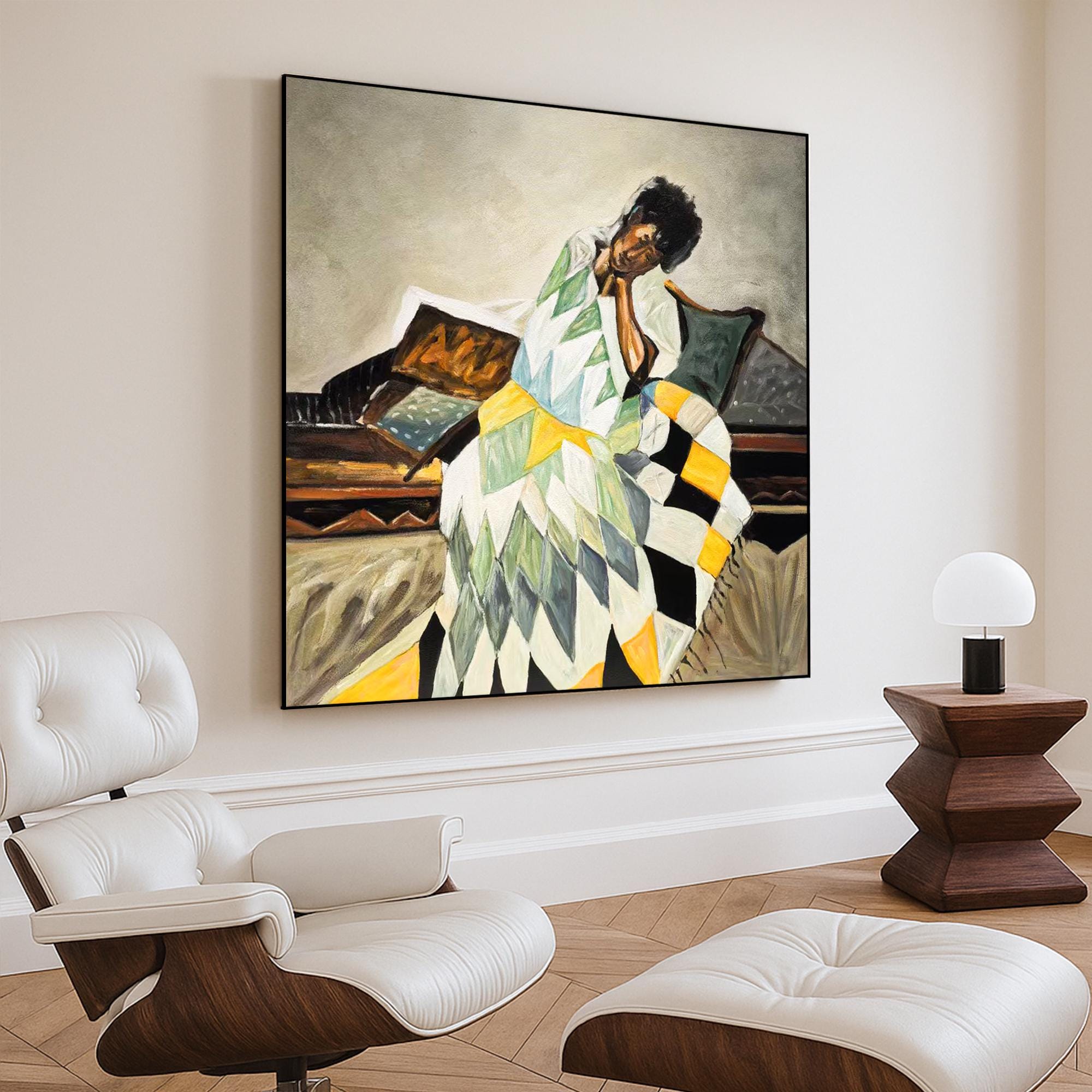 Cozy Woman Portrait Oil Painting Hand Painted Quilt Blanket Wall Art Original Figurative Canvas With Geometric Colorful Shapes For Bedroom