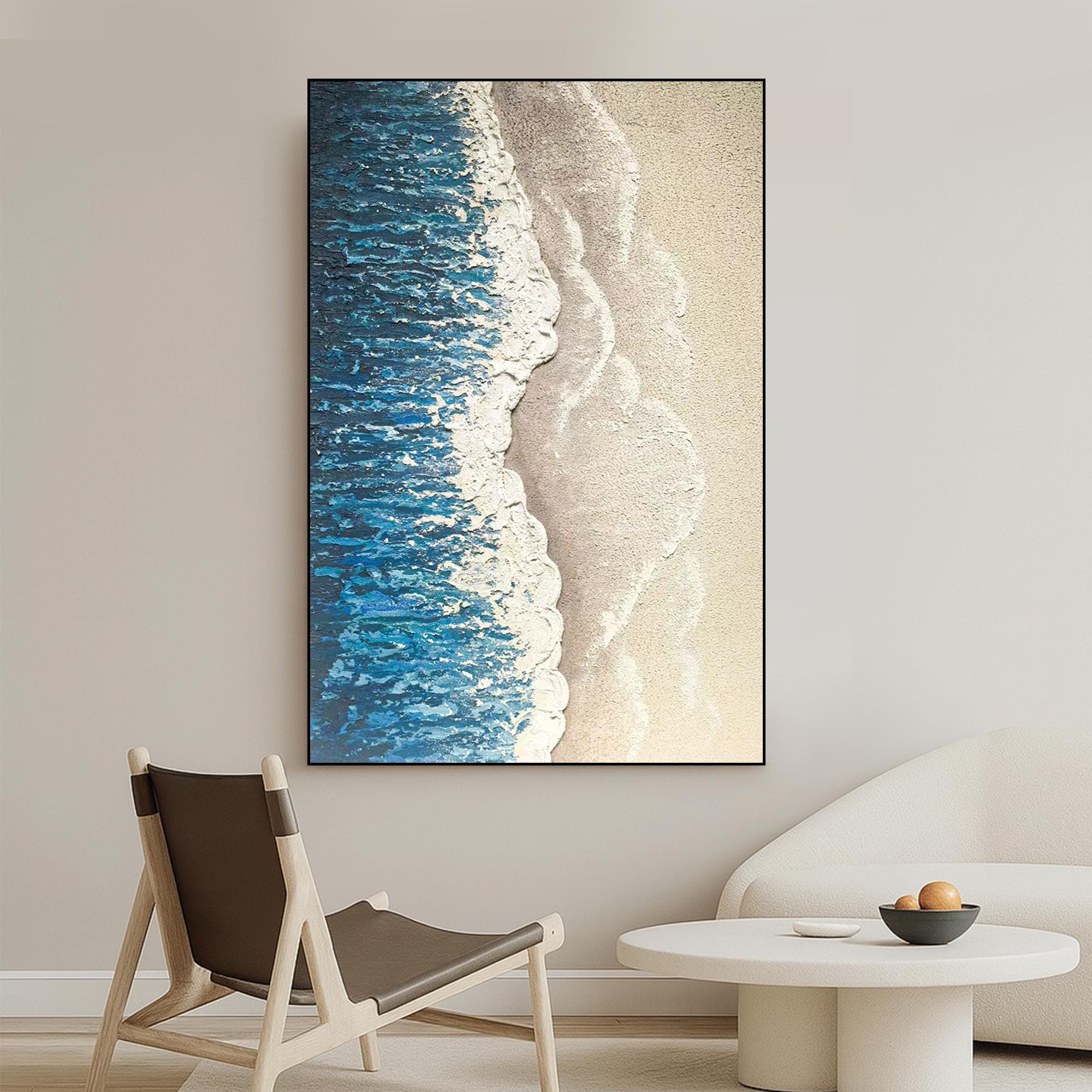 Textured Beach Ocean Painting on Canvas - Coastal Blue and Sand Abstract Wall Art - Handmade 3D Oil Artwork for Seaside or Nautical Decor
