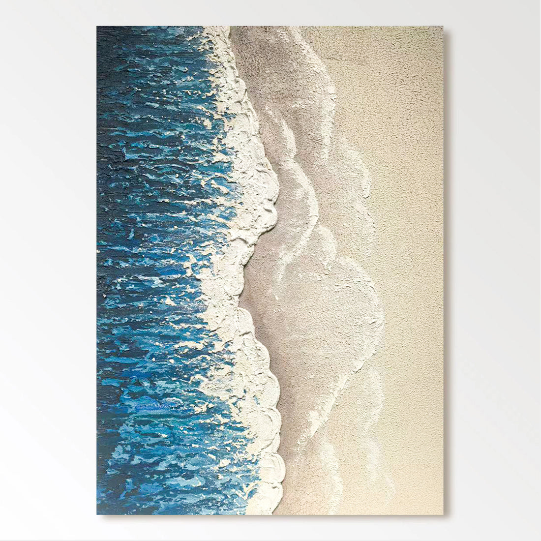 a serene beach scene with a wave gently lapping against the sandy shore.