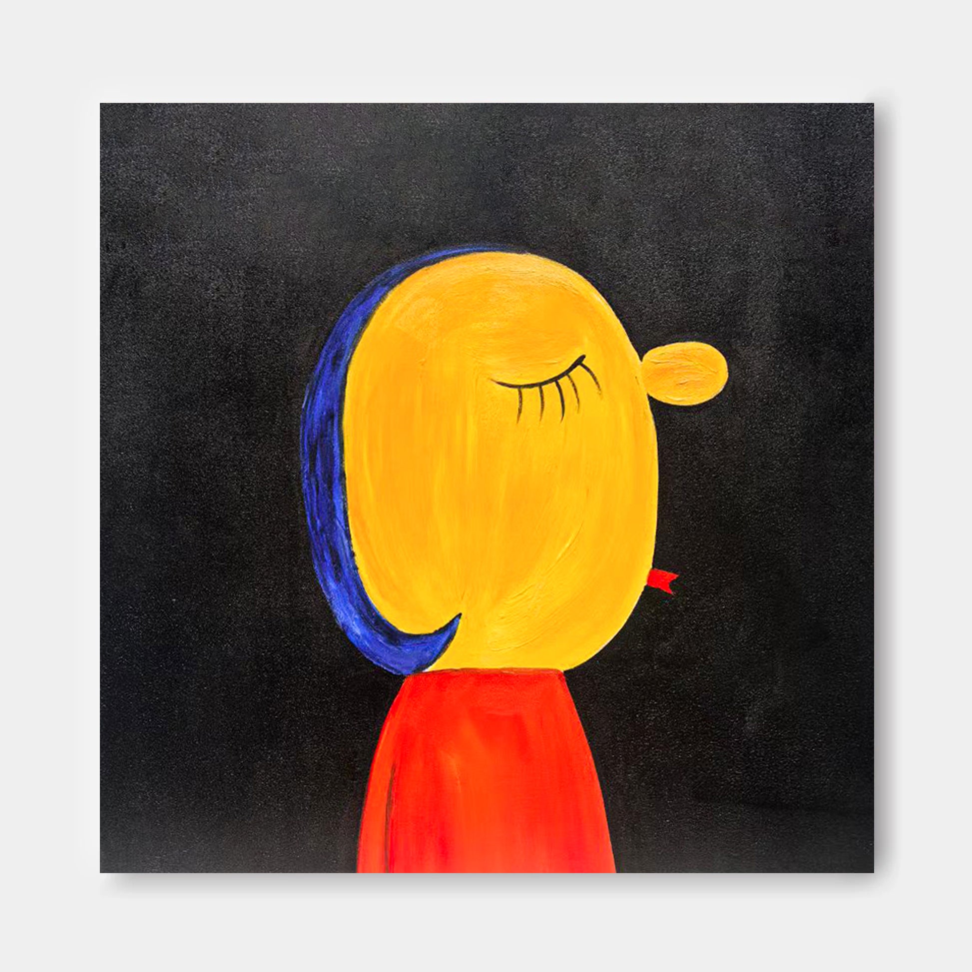 The image is a painting of a yellow character with a red shirt, set against a black background.