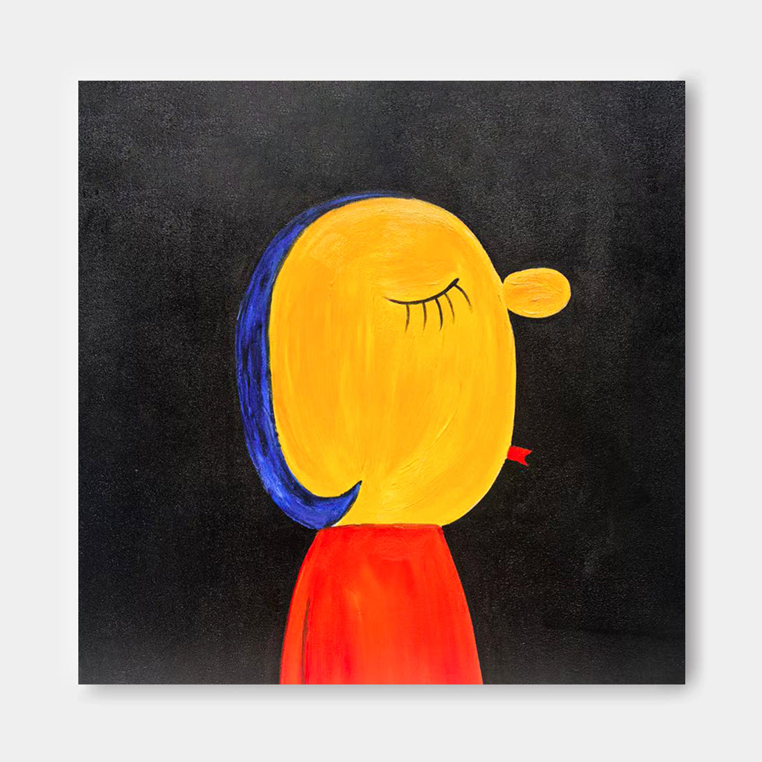 The image is a painting of a yellow character with a red shirt, set against a black background.