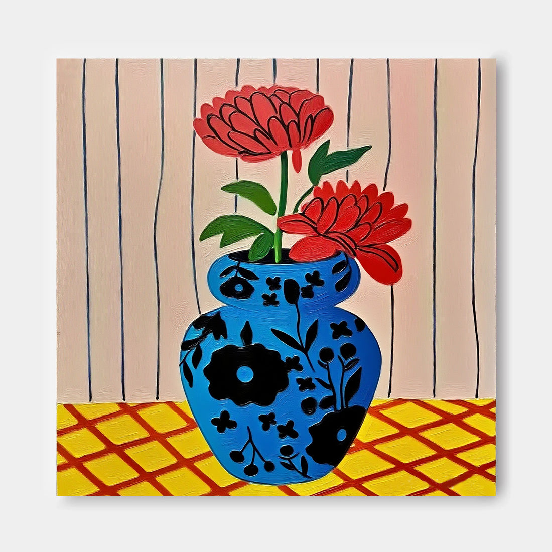 A blue vase with red flowers is placed on a yellow and red checkered surface against a striped background.