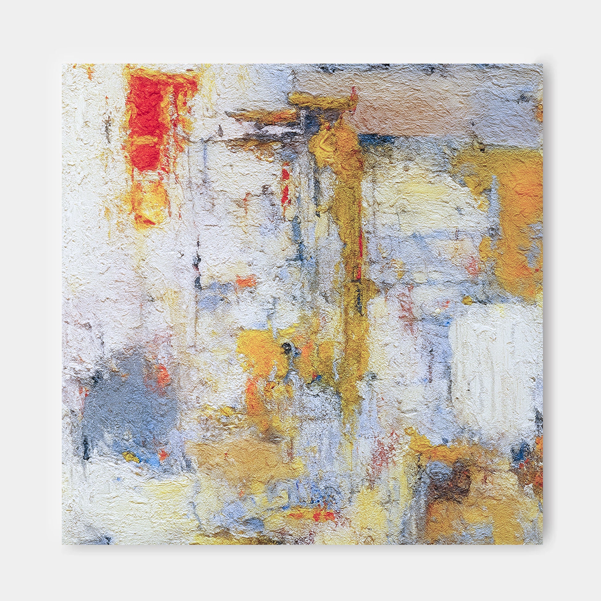 The image is an abstract painting with a vibrant mix of colors, including red, yellow, blue, and white, creating a dynamic and energetic composition.