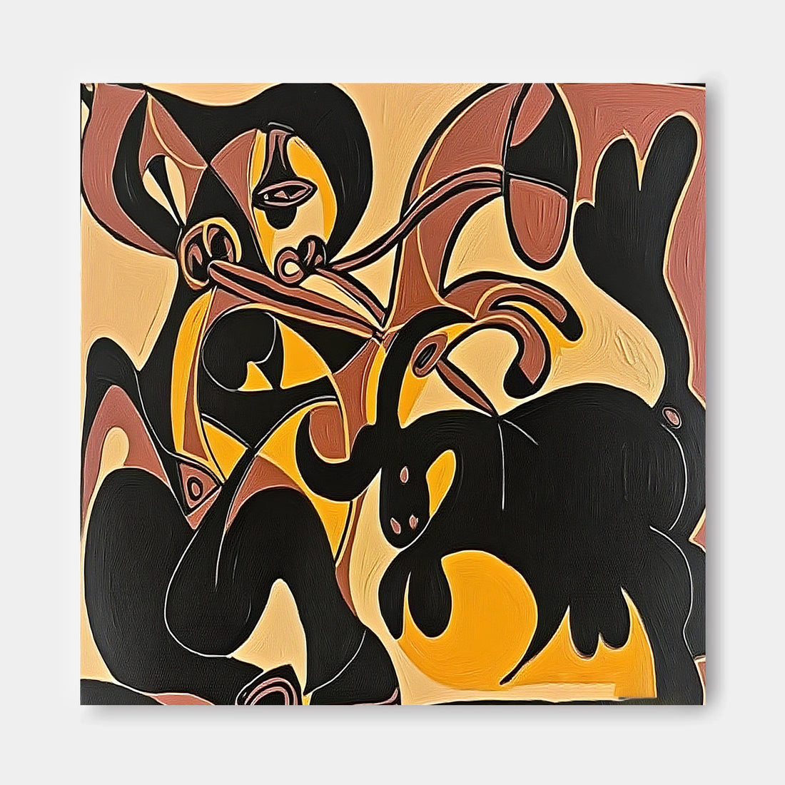 The image is an abstract painting featuring a stylized representation of a goat and a bird. The painting is predominantly black and orange in color, with the goat and bird depicted in a geometric, abstract style.