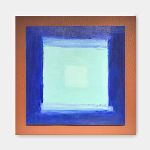 The image is a square painting with a blue border and a white square in the center.