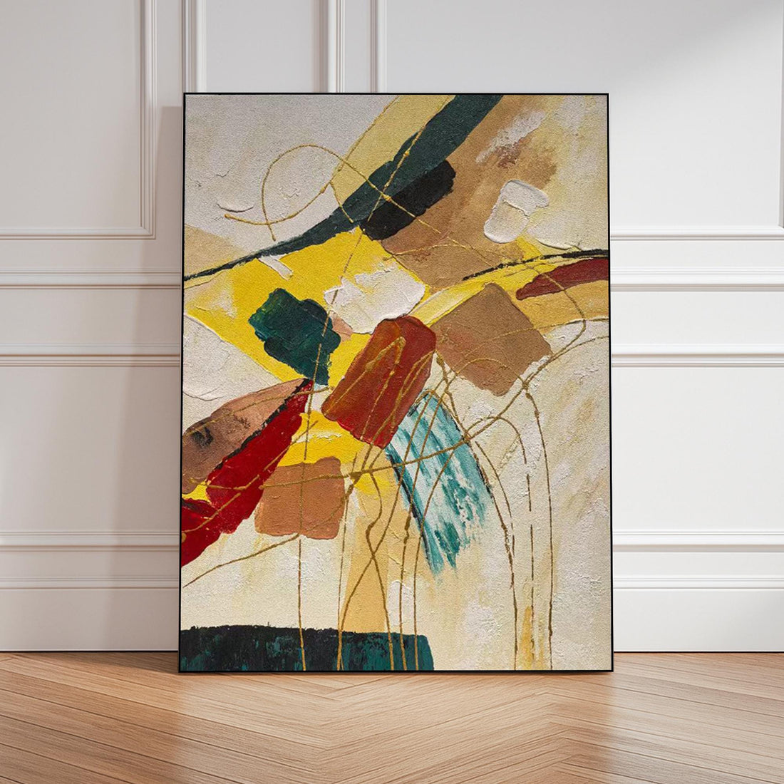 The image is an abstract painting featuring a variety of shapes, colors, and textures. The painting is predominantly composed of warm colors such as red, orange, and yellow, with some cool tones like blue and green. The composition is dynamic and visually engaging, with the use of bold colors and brushstrokes creating a sense of movement and energy.