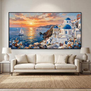 Original Large Santorini Seascape Oil Painting, Mediterranean Blue Dome Canvas Wall Art for Living Room, Bedroom, Dining Room,Entryway Decor